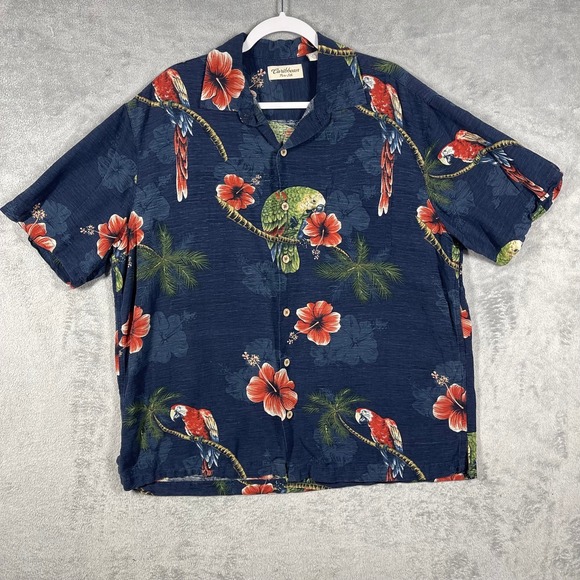 Caribbean Other - Caribbean Button Down Shirt Mens XL Blue Silk Tropical Parrot Hibiscus Camp